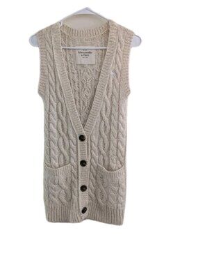 ​Abercrombie & Fitch Wool Cable Knit Sweater Vest Cardigan Cream Ivory XS Boho
